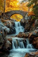 AI generated serene image captures picturesque waterfall flowing amidst rock terrain. An old stone bridge, weathered yet sturdy, arches gracefully over the cascading waters Ai Generated photo