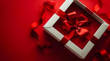 AI generated Red Elegance from Above 3D Top View Gift Box with Ribbon, Empty Space, Ai generated photo