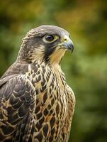 AI generated The falcon has brown feathers with white streaks creating an intricate pattern Ai generated photo