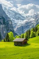 AI generated photo of a wood barn in a green field surrounded by green in a forest Ai Generated