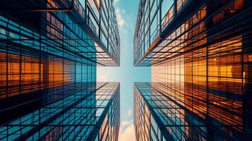 AI generated image shows low angle view of two tall buildings converging into the sky. Both buildings are made of reflective glass that mirrors the surrounding environment. Ai Generated photo