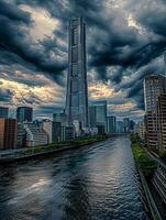 AI generated Photo of dramatic cityscape with towering skyscrapers, serene river, prominent glass skyscraper stands in the center. Surrounding buildings creating dense urban environment Ai Generated