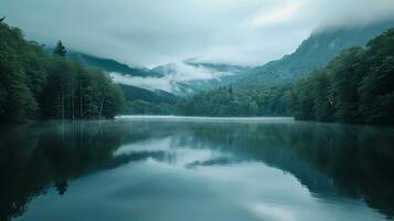 ai generado tranquilo lago rodeado por denso bosque con brumoso montañas en el antecedentes. el agua en el lago es aún, reflejando el rodeando paisaje me gusta espejo ai generado foto