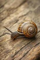 AI generated snail slowly moving across a wooden surface. Ai generated photo