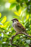 AI generated sparrow perched on a branch, surrounded by lush greenery Ai generated photo