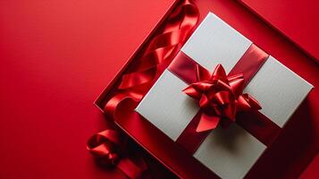 AI generated Red Elegance from Above 3D Top View Gift Box with Ribbon, Empty Space, Ai generated photo