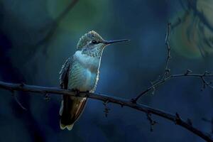 ai generado colibrí encaramado en un rama, iluminado por un suave azul ligero en el medio de oscuridad ai generado foto