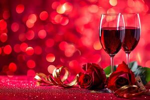 AI generated glasses wine, bloomed red rose golden ribbon, romantic theme celebrations of love Ai generated photo