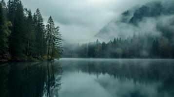 AI generated tranquil lake surrounded by dense forest with misty mountains in the background. The water in the lake is still, reflecting the surrounding landscape like mirror Ai Generated photo