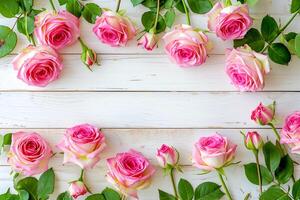 ai generado rosado flor de madera antecedentes. Boda invitación San Valentín día parte superior ver vacío espacio ai generado foto