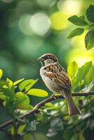 AI generated sparrow perched on a branch, surrounded by lush greenery Ai generated photo