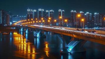 ai generado hermosamente iluminado puente a noche, con el ciudad luces en el antecedentes ai generado foto