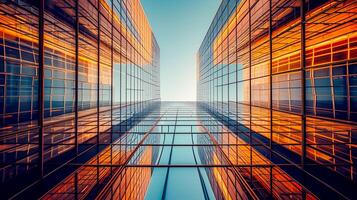 AI generated image shows low angle view of two tall buildings converging into the sky. Both buildings are made of reflective glass that mirrors the surrounding environment. Ai Generated photo