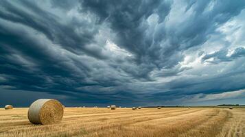 AI generated This is an image of vast field with scattered hay bales under dramatic cloudy sky. The sky above is filled with thick, dark clouds indicating an impending storm or rain Ai Generated photo