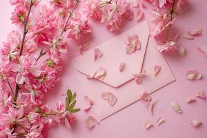 AI generated Pink flowers,petal envelope, on pastel pink background. Flat lay, top view, copy space Ai Generated photo