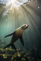 AI generated sea lion swimming underwater, illuminated by beams of sunlight piercing through the surface Ai generated photo