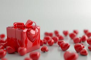 ai generado San Valentín sorpresa 3d rojo corazón regalo caja, cinta, parte superior vista, vacío espacio, ai generado foto