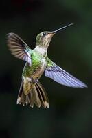 ai generado foto de verde pájaro volador en suave oscuro antecedentes ai generado