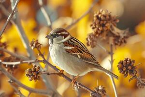 ai generado gorrión encaramado en un rama en medio de otoño follaje ai generado foto