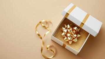 AI generated Empty open white gift box with gold ribbon on beige background, copy space Ai Generated photo