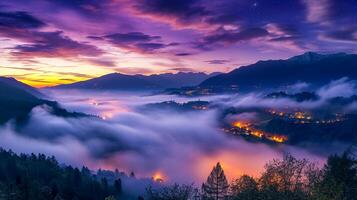 ai generado montañas en niebla en hermosa noche. paisaje con alto montaña valle, bajo nubes, bosque, púrpura cielo con estrellas, esclarecedor el ciudad a puesta de sol ai generado foto