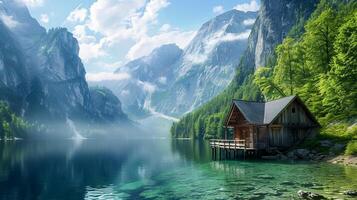 AI generated serene landscape with wood cabin on pristine lake, surrounded by towering mountains and lush greenery. The cabin should be built on stilts over crystal clear lake Ai Generated photo