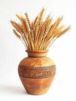 AI generated image features vase with wheat stalks protruding from its opening. The vase is two toned, with the upper part being lighter shade of brown and the lower part darker Ai Generated photo