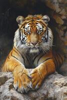 AI generated tiger with richly detailed fur, showcasing the intricate pattern of stripes Ai generated photo