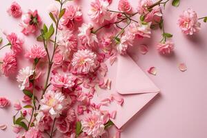 AI generated Pink flowers,petal envelope, on pastel pink background. Flat lay, top view, copy space Ai Generated photo