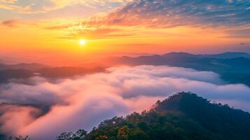AI generated Mountain cloud and foggy at morning time with orange sky,Sunrise beautiful landscape Ai Generated photo