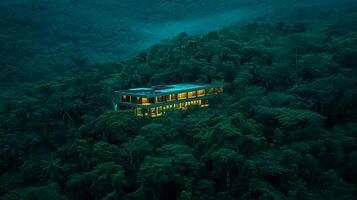 AI generated serene image depicts modern building located in the middle of dense forest. The building is contrasting with the darker surroundings Ai Generated photo