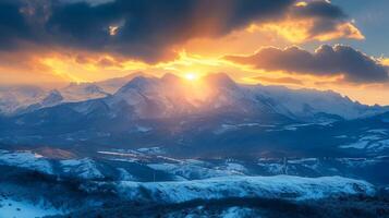 AI generated Snowy mountains surrounded by symmetry, in the center is black and red two suns from the evening. Ai Generated photo