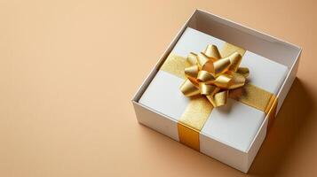 AI generated Golden Present Top View of 3D Luxury Gift Box with Ribbon, Empty Space, Ai generated photo