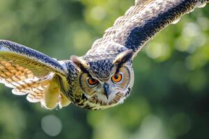 ai generado búho en vuelo. el búhos alas son completamente extendido, exhibiendo detallado pluma patrones ai generado foto