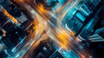 ai generado imagen es un aéreo ver de ocupado ciudad intersección a noche. múltiple carreteras converger a esta punto, creando un intrincado modelo marcado por varios carriles y cruces de peatones. ai generado foto