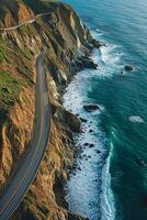 AI generated aerial view captures winding road hugging the coastline. The road is narrow and paved, with visible lane markings Ai Generated photo