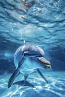 ai generado delfín sumergido en agua, con sus Superior cuerpo y cabeza visible ai generado foto