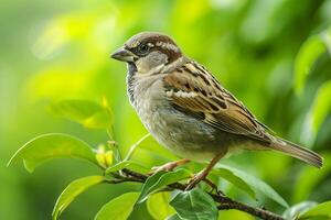 AI generated sparrow perched on a branch, surrounded by lush greenery Ai generated photo