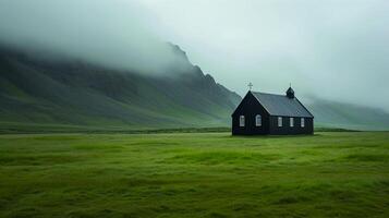 AI generated photo iceland landscape of beautiful church misty mountains In the background Ai Generated
