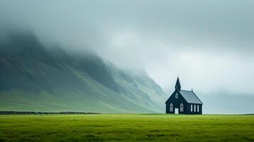 AI generated Photo of solitary black church situated in the middle of an expansive green field. Ai Generated