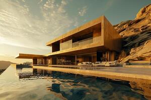 AI generated luxury golden house exterior in the desert, serene oceanic vista Ai Generated photo