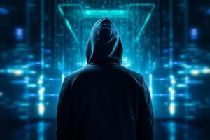 AI generated Hacker in hoodie with data protection interface. photo