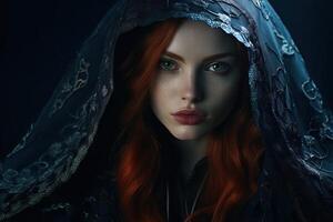Gothic red-haired witch in medieval dress with vampire girl photo