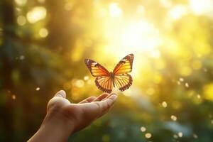 AI generated Butterfly and human hands on sunny natural background, representing harmony and nature photo