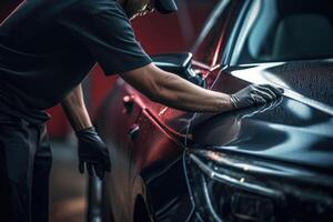 AI generated Car service worker applies nano coating on car detail. photo