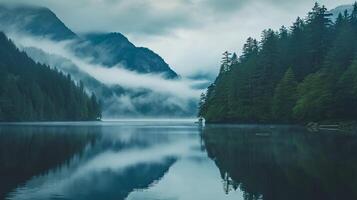 ai generado foto hermosa paisaje de un lago con el reflexión sobredosis rodeando montañas en el antecedentes ai generado