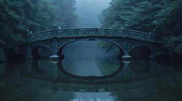 AI generated Photo of two symmetrical bridges crossing over dark river. The bridges should be identical and symmetrical, with intricate structural designs visible. Ai Generated