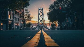 AI generated Beautiful view of large suspension bridge that extends across the frame, illuminated by the soft glow of the setting sun from the sunset Ai Generated photo