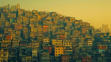 ai generado imagen muestra densamente poblado ladera cubierto en edificios, el mas grande edificios estar prominentemente en medio de menor estructuras ai generado foto