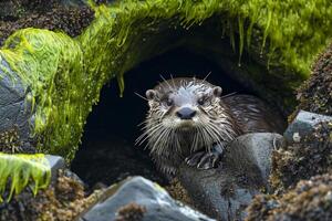 ai generado nutria con mojado piel emergente desde un rocoso guarida rodeado por rocas cubierto en verde musgo ai generado foto